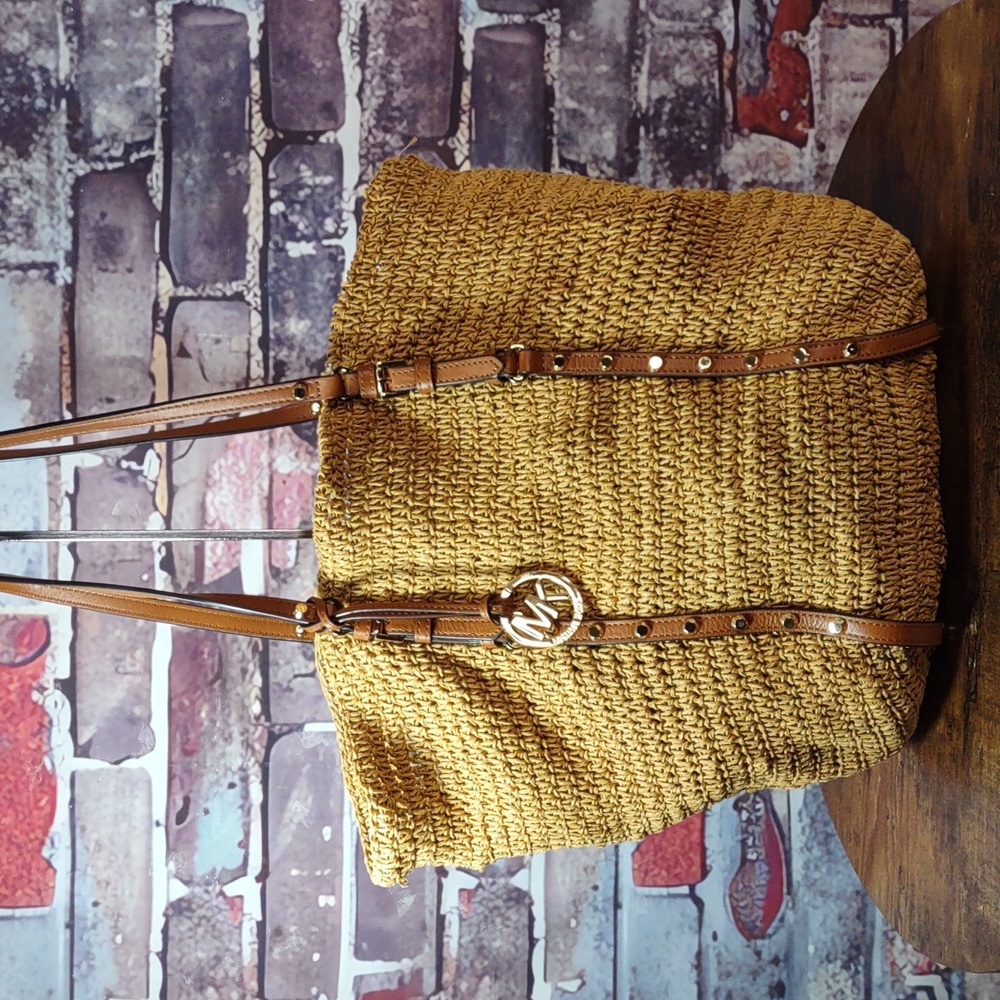 Michael Kors Woven Straw Tote With Leather Trim